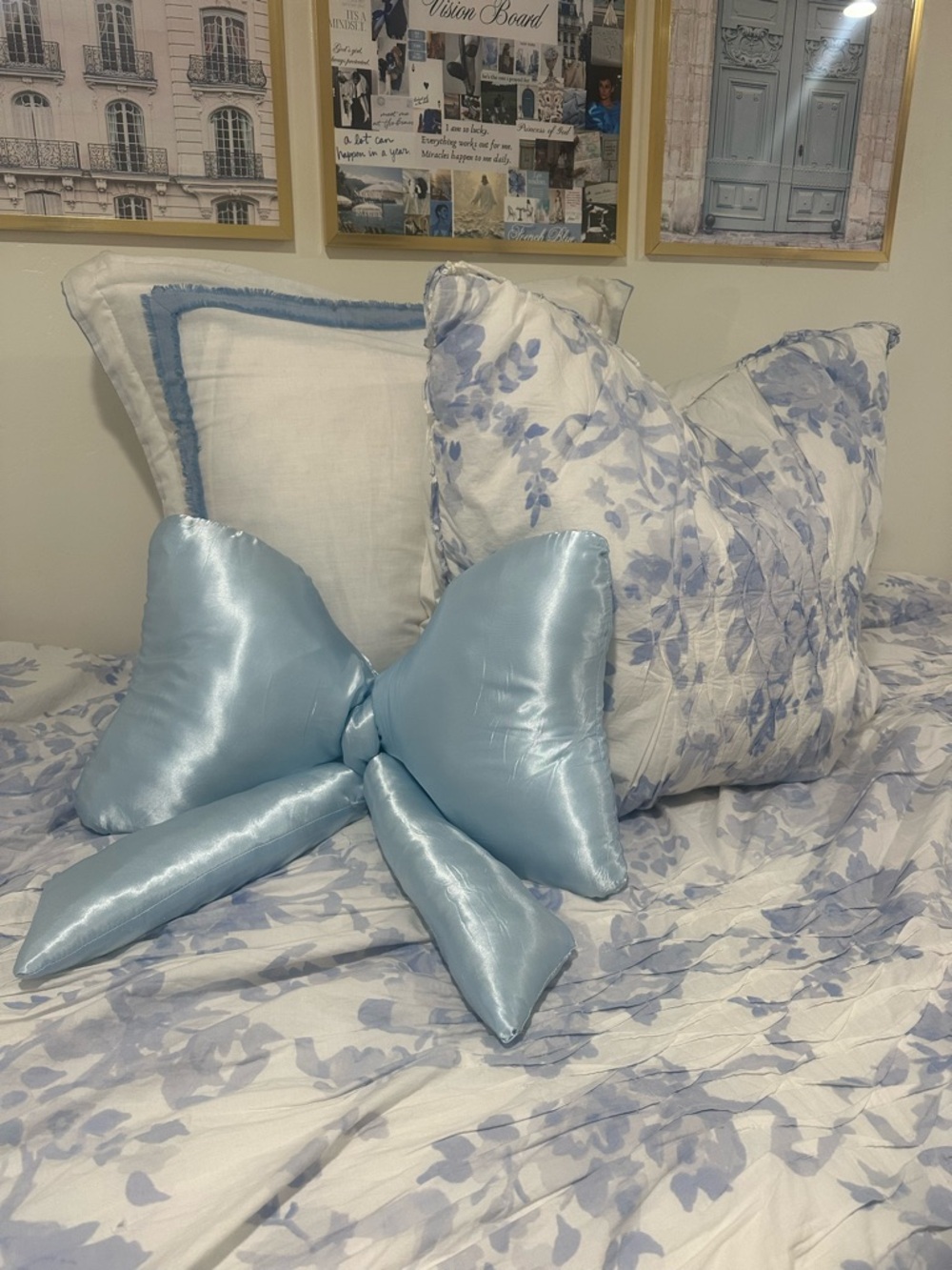 Light Blue Satin Decorative Bow Pillow - Home Bedding